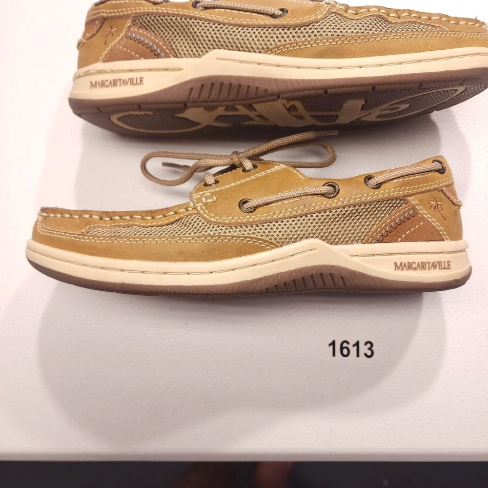 Margaritaville Mens 8.5 Brown Leather Mesh Anchor Lace Up Boat Shoes NWOB